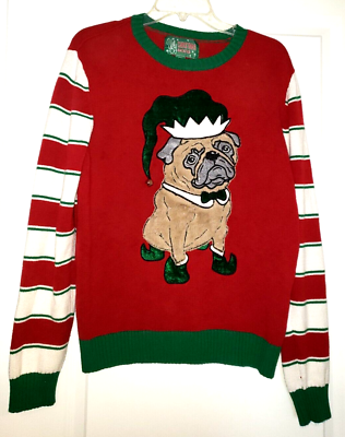 #ad Ugly Christmas Sweater Pug Dog Elf Red Green White Stripe Pattern Adult Large $21.99