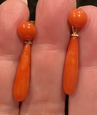 #ad Antique Natural Coral Gold Over 925 Earrings 3.44gr $300.00
