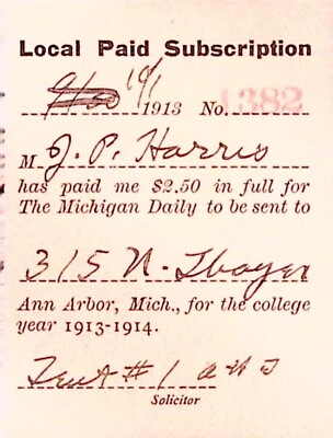 #ad The Michigan Daily Newspaper Subscription 1913 Ann Arbor Michigan $8.99
