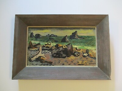 #ad 1940#x27;S ERLE LORAN OIL PAINTING WITH INCREDIBLE FRAME BEACH COASTAL SEA LANDSCAPE $4400.00