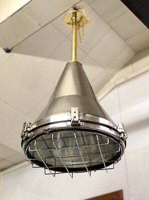 #ad Vintage Industrial Marine Nautical Stainless Steel Pendant Light with Brass Rod $279.00