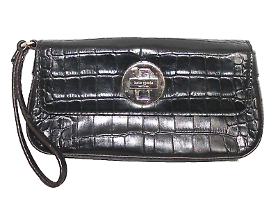 #ad KATE SPADE Black Croco Embossed Leather Turnlock Flap Wristlet Purse WKRU0477 $30.00