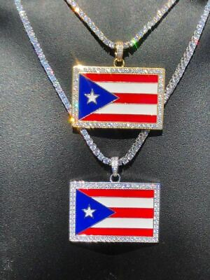 #ad Solid 925 Silver Puerto Rico Flag Pendant 2quot; Wide Chain 14k Gold Plated CZ $175.94
