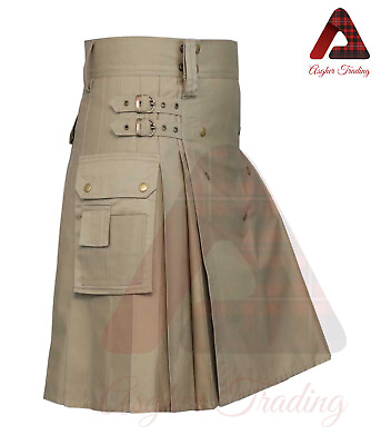 #ad Scottish Handmade Traditional Utility Kilt Khaki Cotton Hybrid Kilt Custom Size $71.25