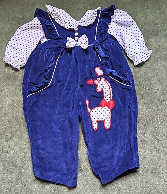 #ad Vintage 1980s Baby Togs Blue Velvet Pinafore Overall Polkadot Ruffle Outfit 12M $21.25