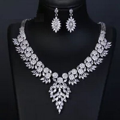 #ad Zircon Flower Necklace Earring Crystal Zirconia Charm Bridal Wedding Jewelry Set $54.84