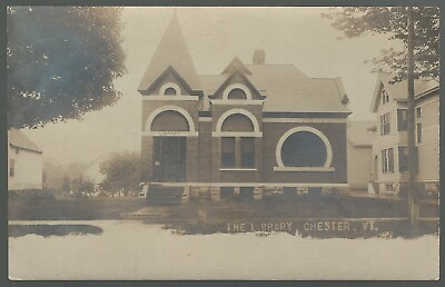 #ad RPPC Chester Vermont Library Front On View $11.75