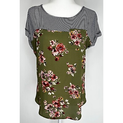 #ad Rewind Floral Green Striped Short Sleeve Blouse Women Size Medium $6.91