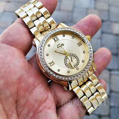 #ad Men Hip Hop Style Iced Bling Gold Plated Rapper#x27;s Lab Diamond Metal Bling Watch $21.99