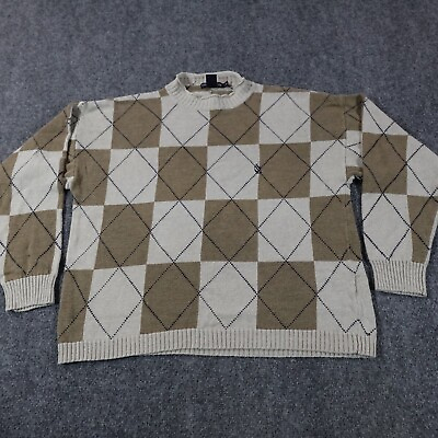 #ad Vintage Nautica Sweater Men L Beige Argyle Check Cotton Hemp Linen Vintage 7913 $24.95