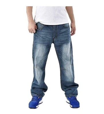 #ad MK Machine Mens Relaxed Straight jeans 38 34 Loose pants blue faded cut Pockets $30.80
