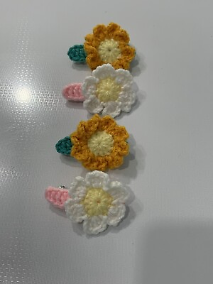 #ad Crochet Flowers Barrette Hair Clip Set Of 4 Green pink Yellow And White $16.00