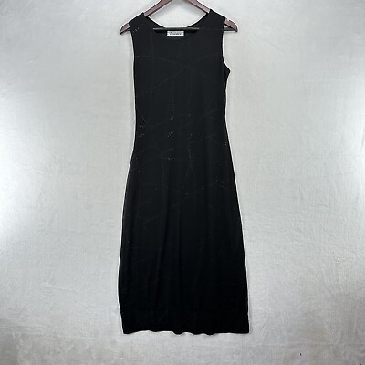 #ad Vintage Essence Dress Womens Large Black Midi 90s Sheer Mesh Overlay Sleeveless $20.00