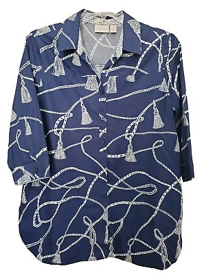 #ad Chico#x27;s No Iron Blue Nautical Tassel Print Button Up Tunic 100% Cotton Sz 3 XL $24.99