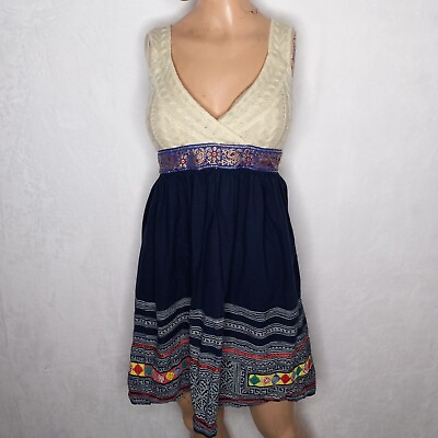 #ad Free People Womens Knit Embroidered Blue Tank Sleeveless Blouse Tunic Size 2 $13.99