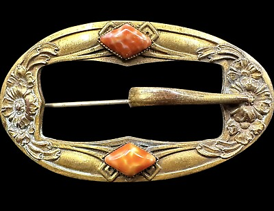 #ad Antique Nouveau Floral Coral Art Glass Gold Plated Brass Sash Pin Buckle Brooch $65.00