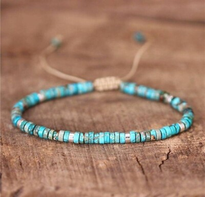 #ad Natural Turquoise Stone Dainty Bracelet Blue Turquoise Gemstone Beaded Bracelet $10.99