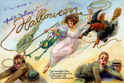 #ad HALLOWEEN EVE FLEE BACHELORS WITCHES WEDDING DAY USA VINTAGE POSTER REPRO $62.90