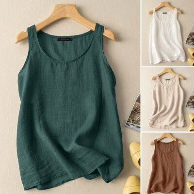 #ad US Womens Summer Cotton Linen Solid Camisole Vest Holiday Loose Tank Tops Shirt $16.14