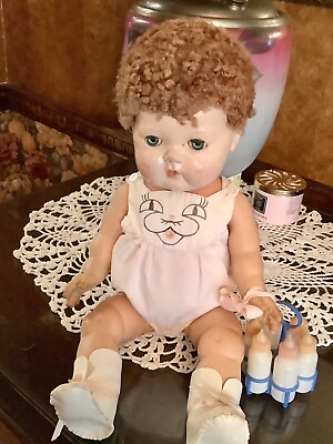 #ad Vntg 1950’s American Character 15” Tiny Tears Doll Red Caracul Wig Rubber Body $70.00