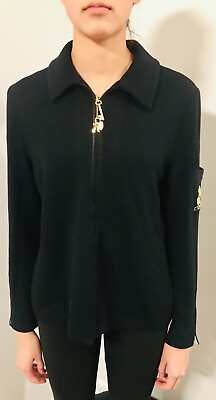 #ad ST JOHN Black Knit Embroidered Crest Gold Lock Key Zipper Charm Jacket Size 8 $180.00