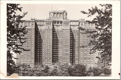 #ad 1940s CHICAGO Illinois RPPC Photo Postcard STEVENS HOTEL Street View Unused $6.79