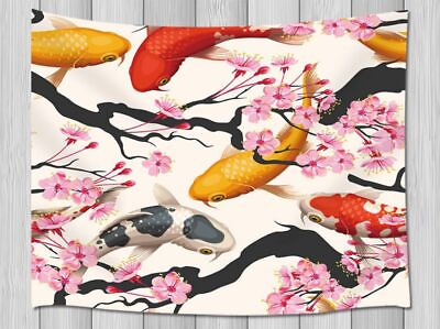 #ad Sakura Fish Tapestry Wall Hanging Large Asian Koi Pink White Fabric Room Decor $13.36