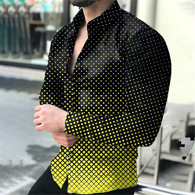 #ad Men#x27;s Gradient Print Long sleeved Shirt Fashion Turn down Collar Printing Tee C $22.09