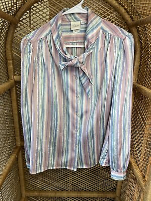 #ad Vintage 70s Large Pykettes Pink Blue Polyester Collared Button Up Blouse Size 16 $8.56