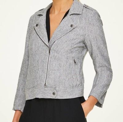 #ad Loft Linen Cotton Blend Moto Jacket Women#x27;s Size Large Blue pockets $17.49