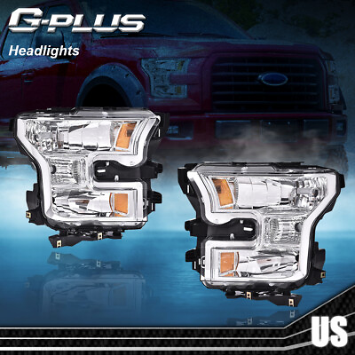 #ad Fit For 15 17 Ford F 150 Clear Lens Chrome Housing Headlights Headlamps LH RH $98.41