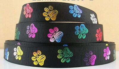 #ad GROSGRAIN RIBBON 7 8quot; Colorful Foil Paw Prints on Black Printed ribbon dog BULK $3.39
