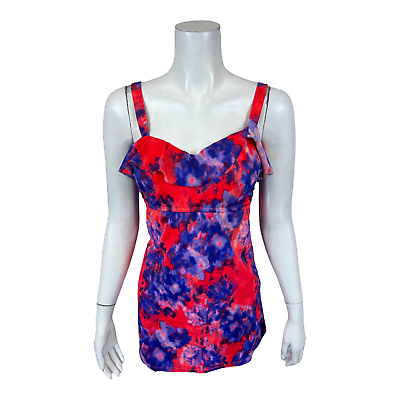 #ad Denim amp; Co. Women#x27;s Beach Ruffle Neckline Swim Dress Coral Floral Size 10 $15.00