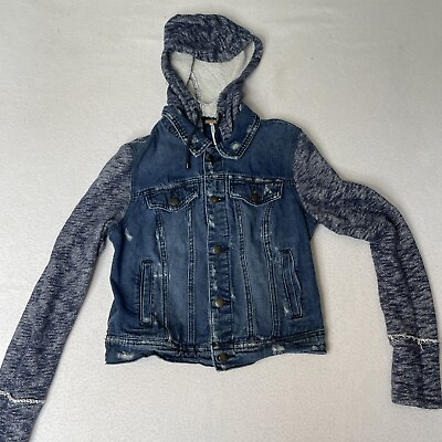 #ad Free People Distressed Denim Jacket Hooded Fabric Sleeve Womens Size Small S $18.93