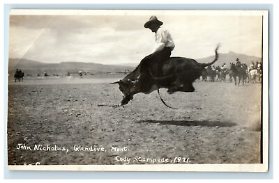 #ad 1921 John Nicholus Glendive Montana MT Cody Stampede Photo Rodeo Bull $14.98