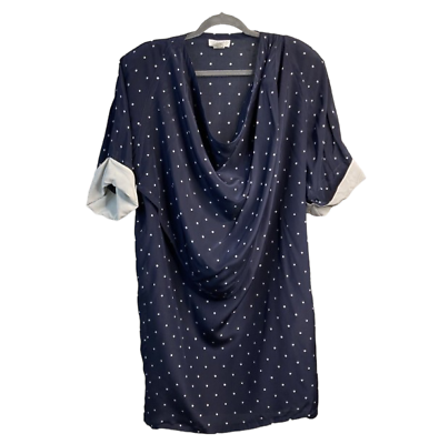 #ad Vintage Genny Shirt Dress Womens Size L XL Navy Blue Silk Draped Neck Polka Dot $34.55