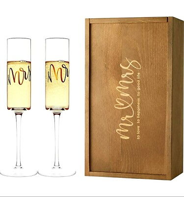#ad NEW Bridal Anniversary Wedding Crystal Mr. Mrs. Champagne Flutes amp; Wooden Case $20.00