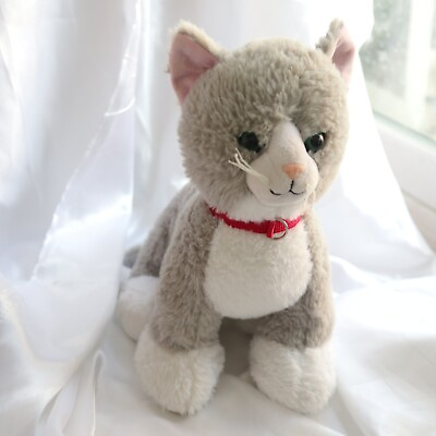 #ad Build A Bear BAB Gray and White Kitty Cat Promise Pets Green Eyes Red Collar $11.69