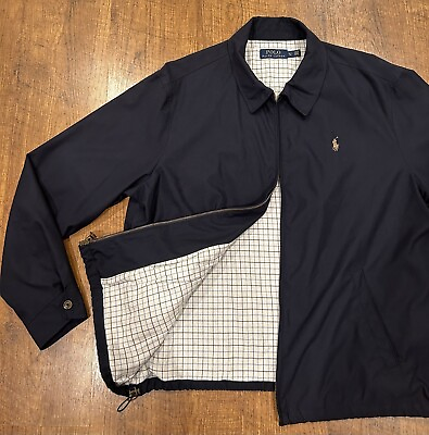 #ad Polo Ralph Lauren Jacket Navy Blue Harrington Zip Up Mens XL Plaid Lined $39.99