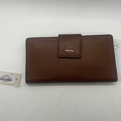 #ad Fossil Logan RFID Leather Tab Clutch Wallet In Brown Gold Msrp $80. $39.99
