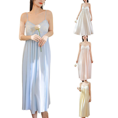 #ad Women#x27;s Cute Cotton Nightgown Sleeveless V Neck Low Back Cami Long Sleep Dress $24.99