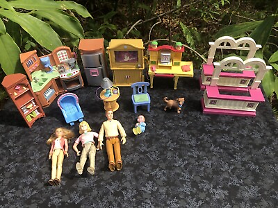 #ad Vtg Fisher Price Loving Family Dollhouse DAD MOM 2 BABY DOG FURNITURE Tested $70.00