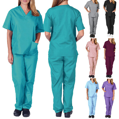 #ad Men Women Scrub Doctor Nurse Medical Workwear Hospital Uniform Top Long Pants GBP 10.07