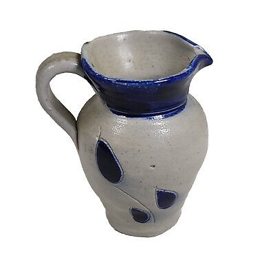 #ad Salt Glaze Creamer Pitcher Cobalt Blue Pottery 4.5 inch Leaf Pattern unmarked $16.77