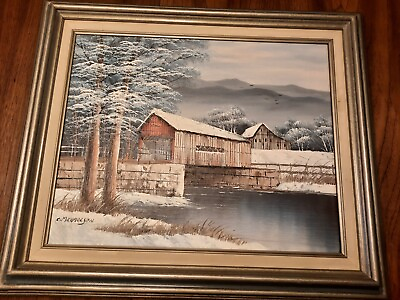 #ad K Michaelson Grist Mill Covered Bridge Winter Oil Painting Signed Framed VTG $59.20