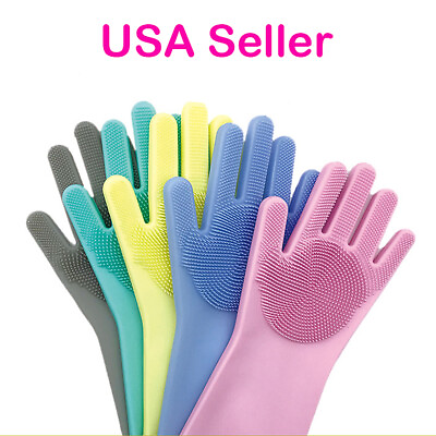 #ad US 1 2 Pairs Silicone Cleaning Brush Scrubber Gloves Heat Resistant Dish Washing $5.99
