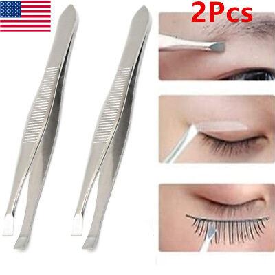 #ad 2Pcs Professional Eyebrow Stainless Steel Tweezers Flat Tip Hair Beauty Tweezer $2.49