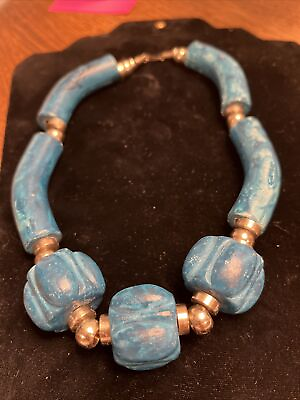 #ad Blue Oversized Beads Of Stone Necklace Silver Colour Beads With Clasp $125.00
