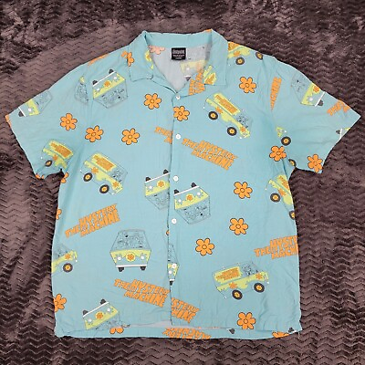 #ad Scooby Doo Mystery Machine Shirt Mens Large Blue Hawaiian Aloha All Over Camp $52.42