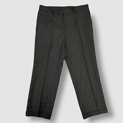 #ad $245 Hugo Boss 34W 28L Men#x27;s Black Flat Front Wool Striped Dress Trousers Pants $67.98